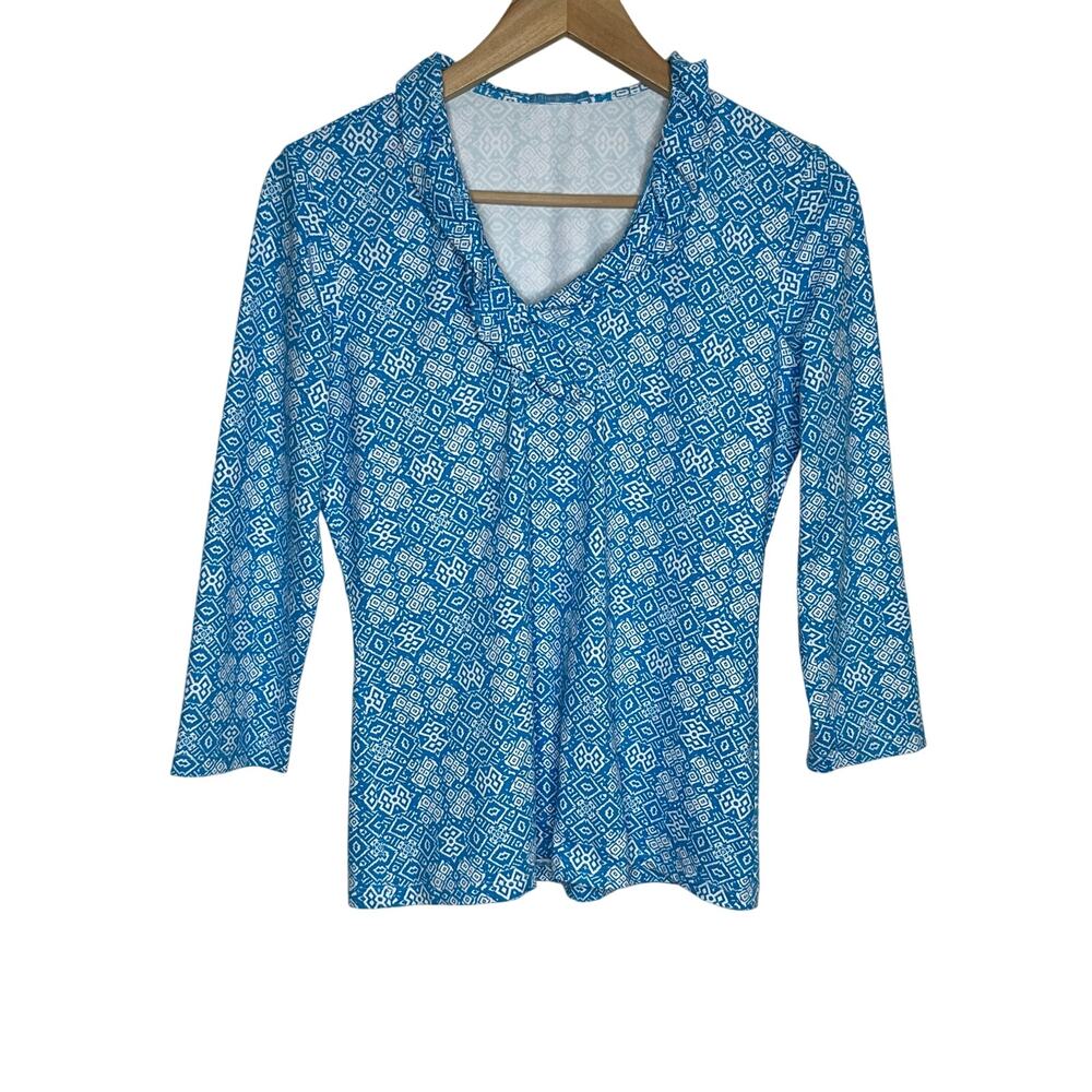 J. McLaughlin Durham Catalina Cloth Top Womens Small Blue Geometric Ruffle Neck